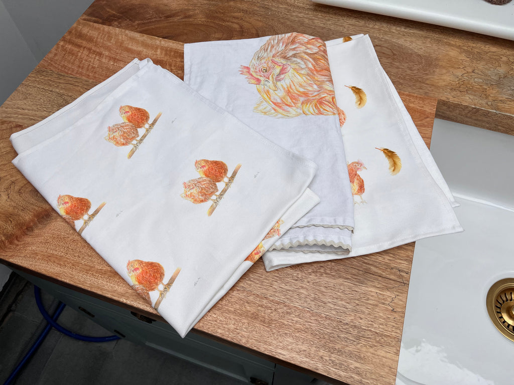 Chicken Tea Towel 3 Pack, Hens Tea Towels 3 Pack. 100 % Cotton, Country Kitchen, Country Cottage. Farmhouse Tea Towels